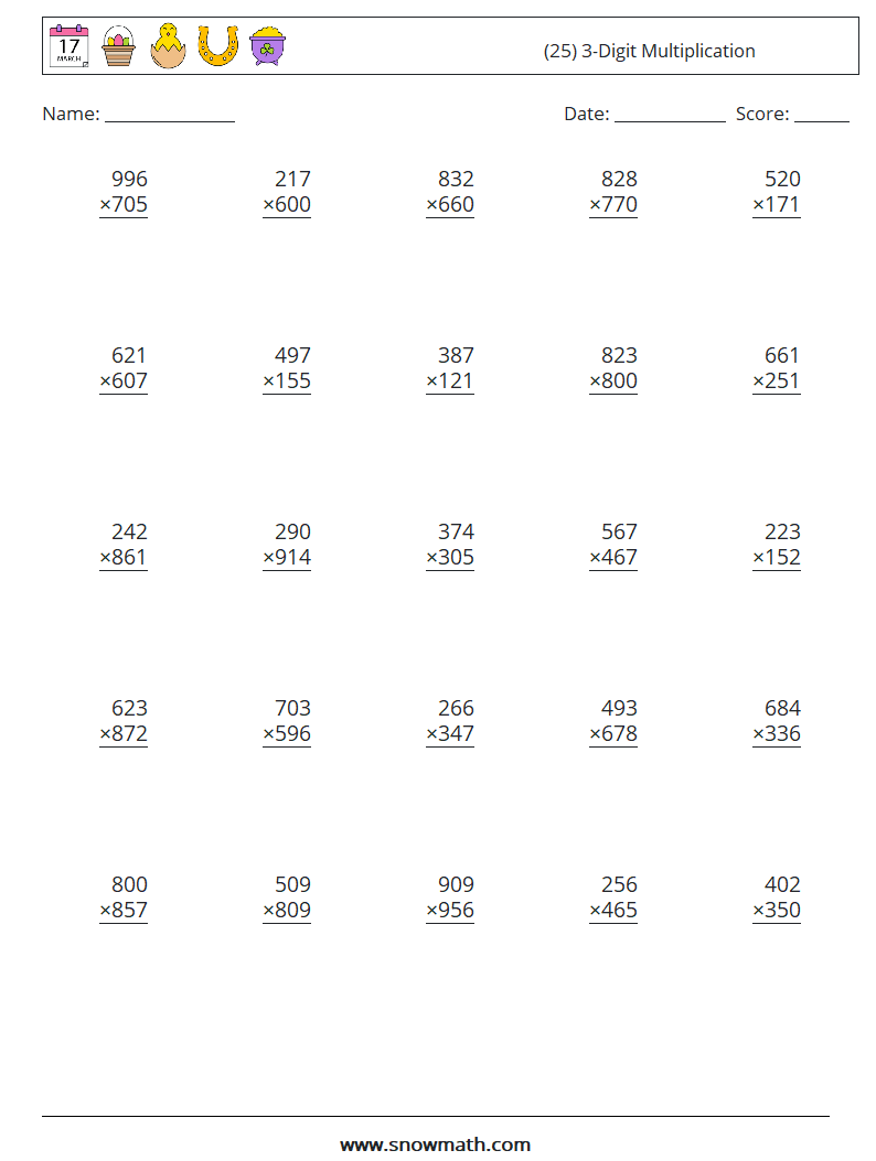 (25) 3-Digit Multiplication Maths Worksheets 3