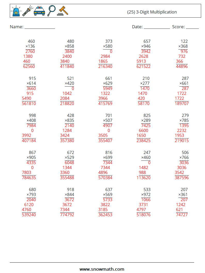 (25) 3-Digit Multiplication Maths Worksheets 4 Question, Answer