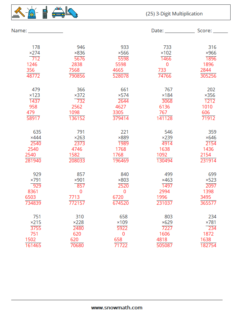 (25) 3-Digit Multiplication Maths Worksheets 5 Question, Answer