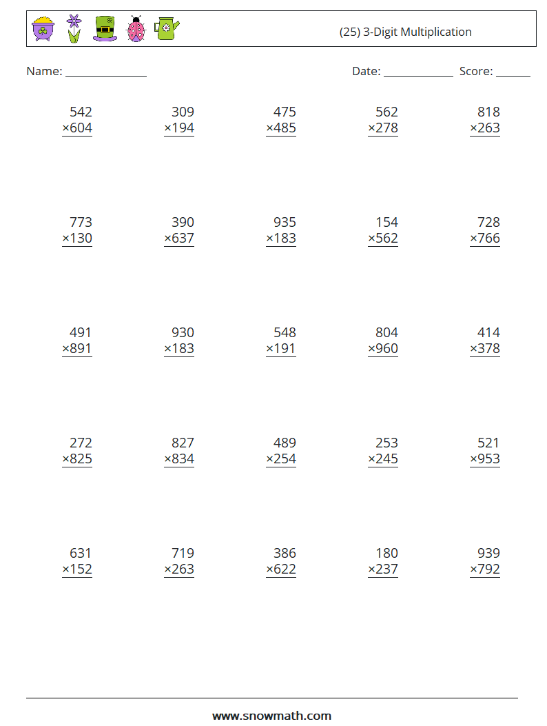 (25) 3-Digit Multiplication Maths Worksheets 6