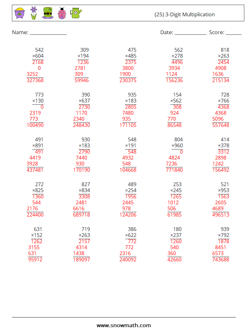 (25) 3-Digit Multiplication Maths Worksheets 6 Question, Answer