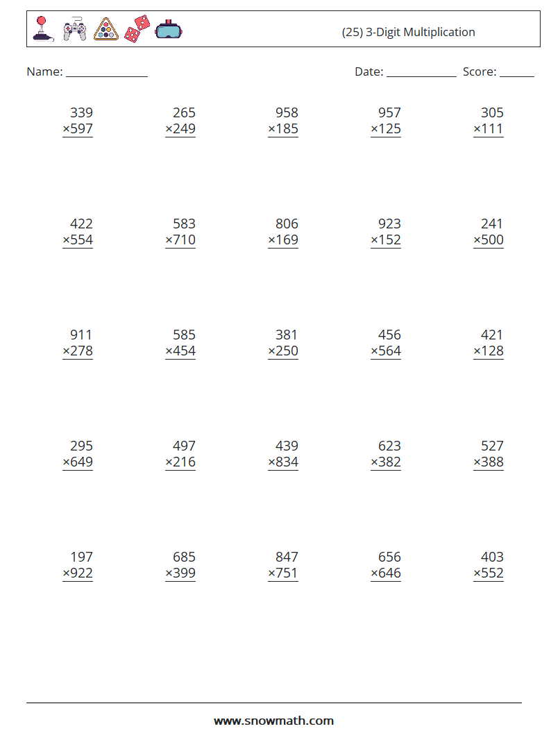 (25) 3-Digit Multiplication Maths Worksheets 7
