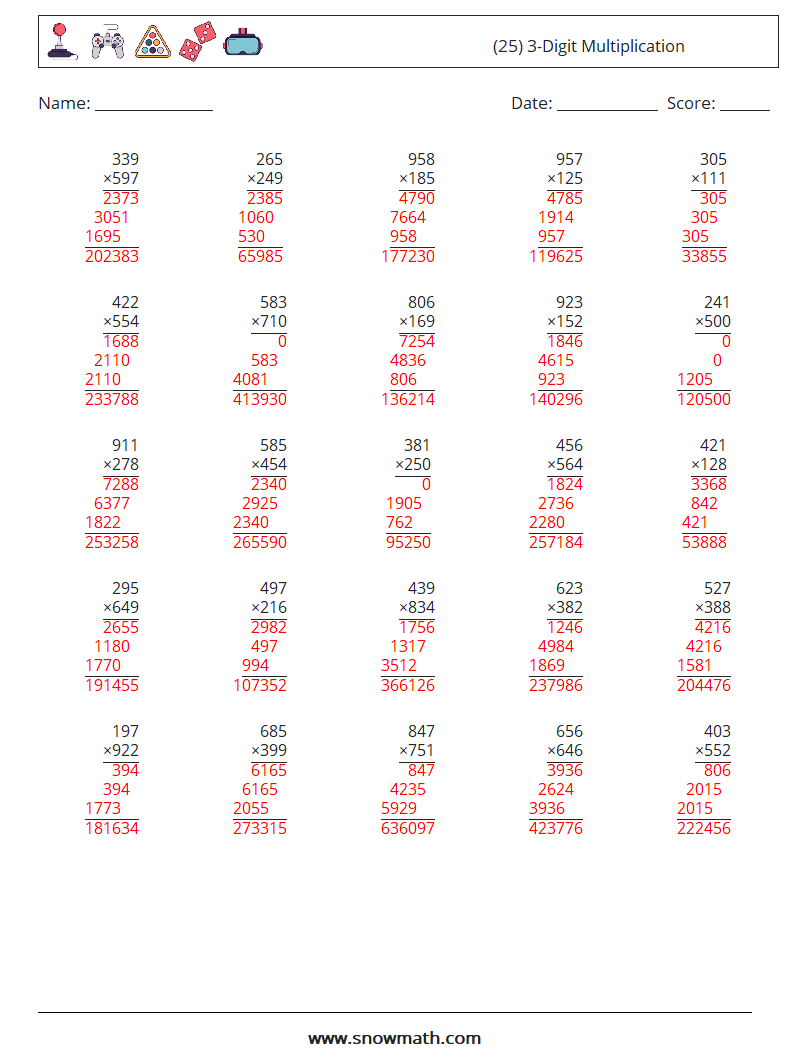 (25) 3-Digit Multiplication Maths Worksheets 7 Question, Answer