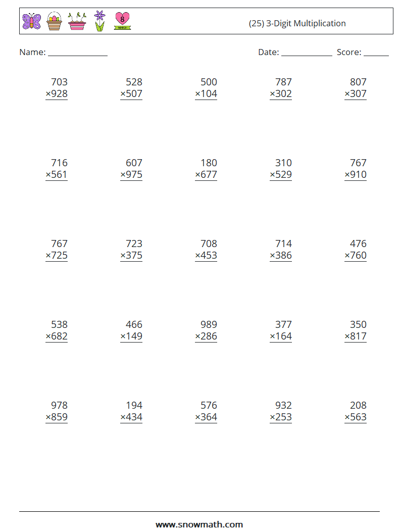 (25) 3-Digit Multiplication Maths Worksheets 8