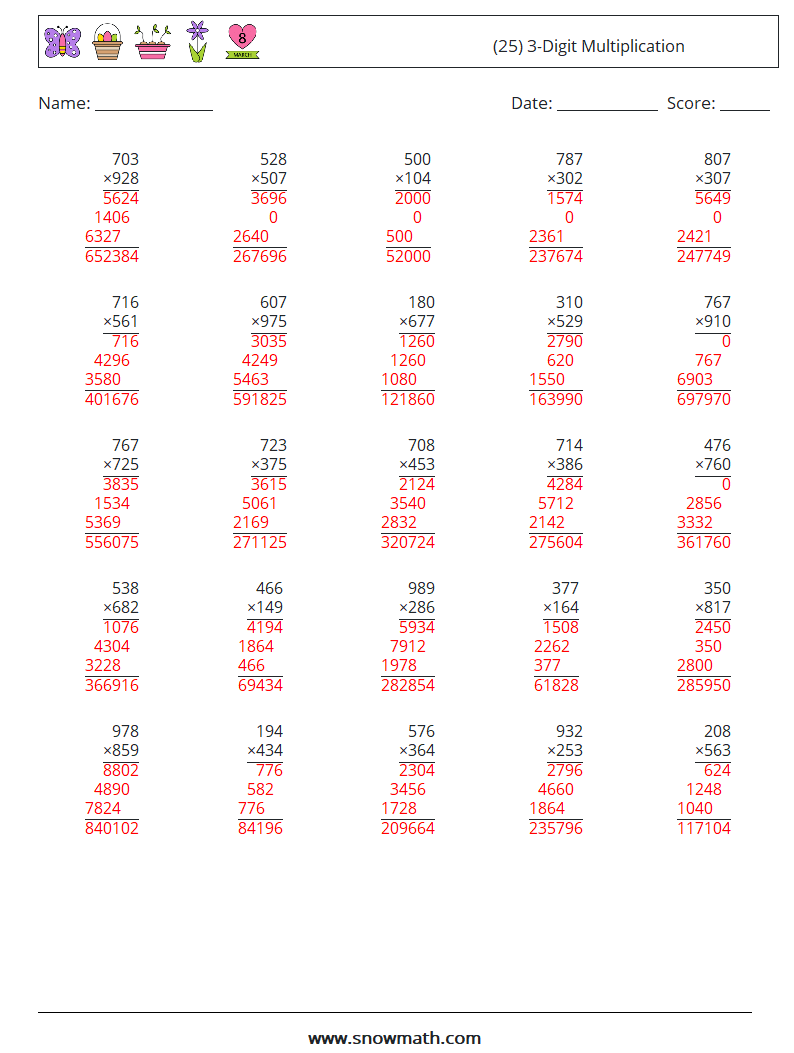 (25) 3-Digit Multiplication Maths Worksheets 8 Question, Answer