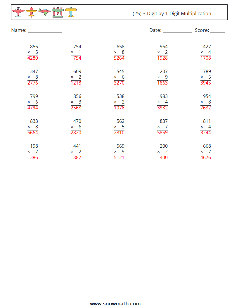 (25) 3-Digit by 1-Digit Multiplication Maths Worksheets 10 Question, Answer