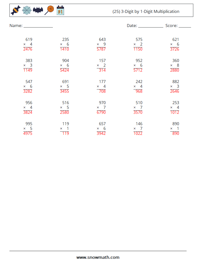 (25) 3-Digit by 1-Digit Multiplication Maths Worksheets 14 Question, Answer