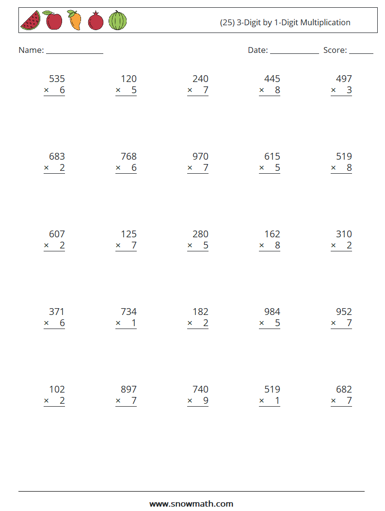 (25) 3-Digit by 1-Digit Multiplication Maths Worksheets 15