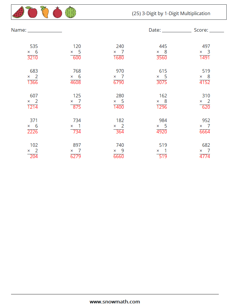 (25) 3-Digit by 1-Digit Multiplication Maths Worksheets 15 Question, Answer