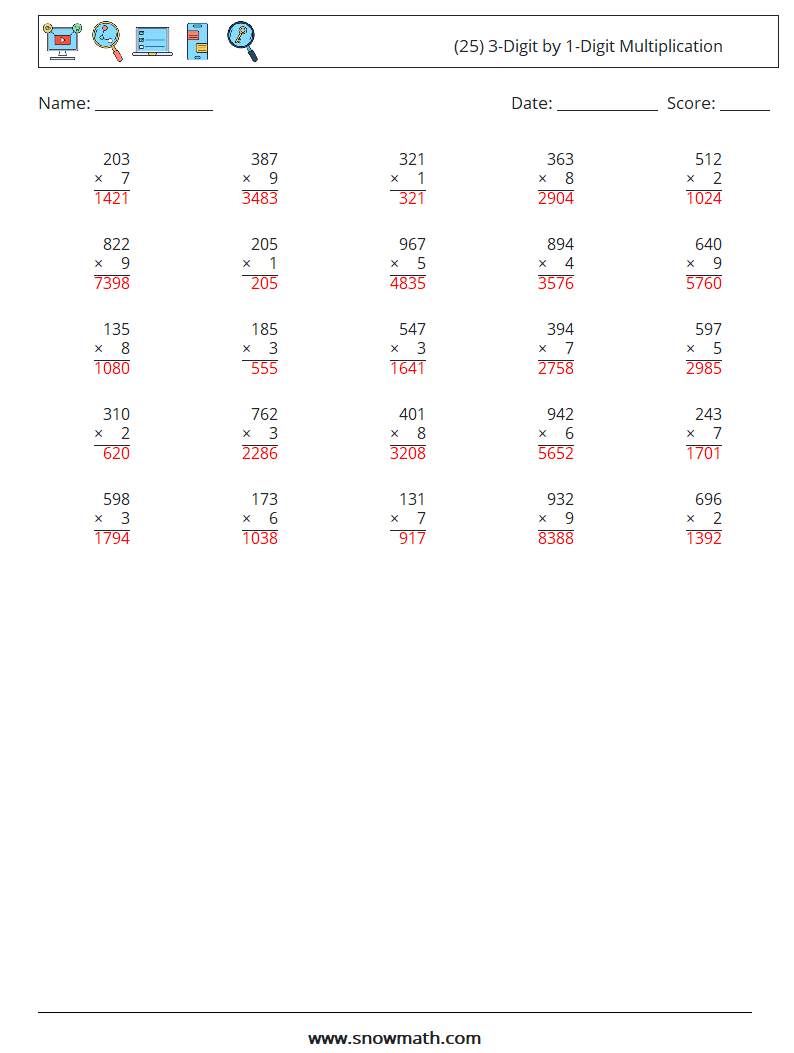 (25) 3-Digit by 1-Digit Multiplication Maths Worksheets 17 Question, Answer