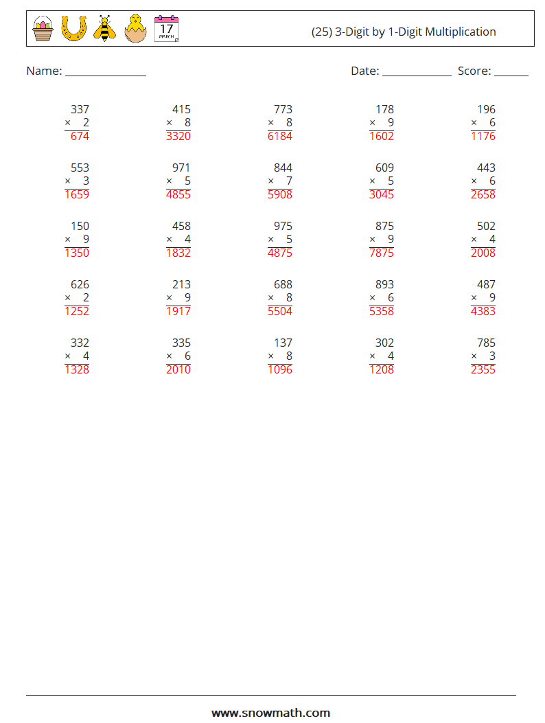 (25) 3-Digit by 1-Digit Multiplication Maths Worksheets 18 Question, Answer