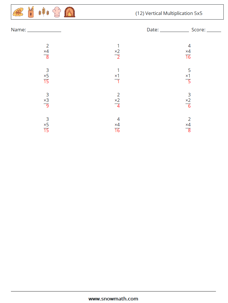 (12) Vertical Multiplication 5x5 Maths Worksheets 1 Question, Answer