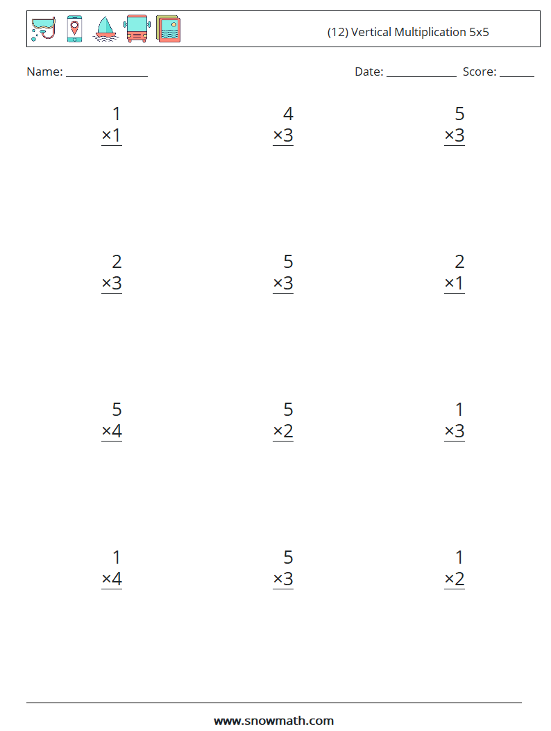(12) Vertical Multiplication 5x5 Maths Worksheets 2