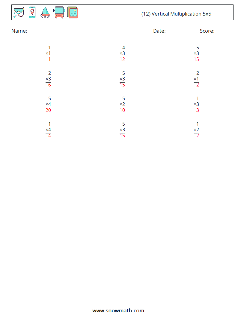 (12) Vertical Multiplication 5x5 Maths Worksheets 2 Question, Answer