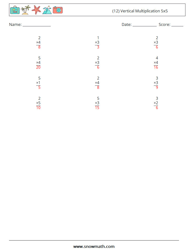 (12) Vertical Multiplication 5x5 Maths Worksheets 3 Question, Answer
