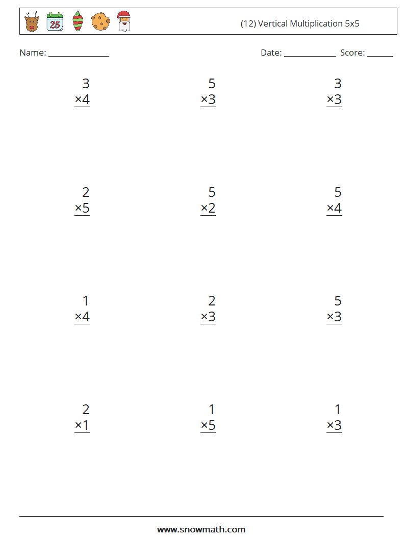 (12) Vertical Multiplication 5x5 Maths Worksheets 4