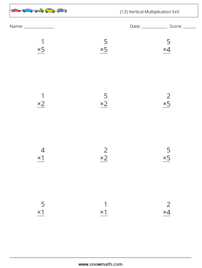 (12) Vertical Multiplication 5x5 Maths Worksheets 5