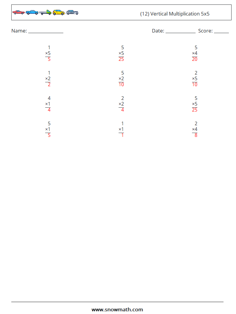 (12) Vertical Multiplication 5x5 Maths Worksheets 5 Question, Answer