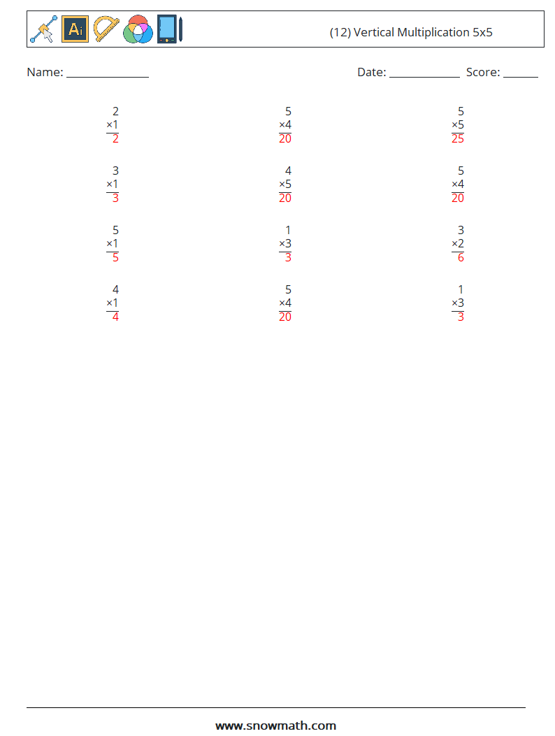 (12) Vertical Multiplication 5x5 Maths Worksheets 8 Question, Answer