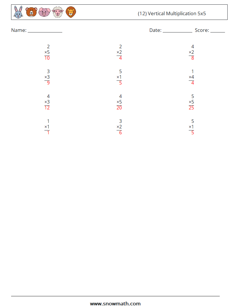 (12) Vertical Multiplication 5x5 Maths Worksheets 9 Question, Answer