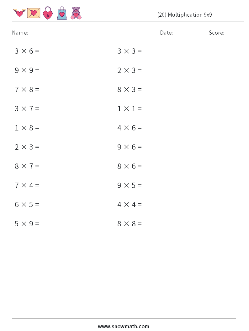 (20) Multiplication 9x9  Maths Worksheets 1