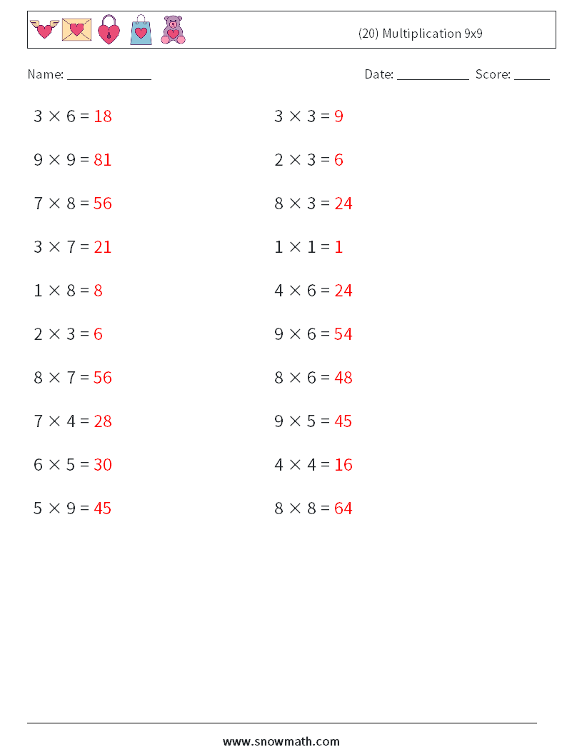 (20) Multiplication 9x9  Maths Worksheets 1 Question, Answer