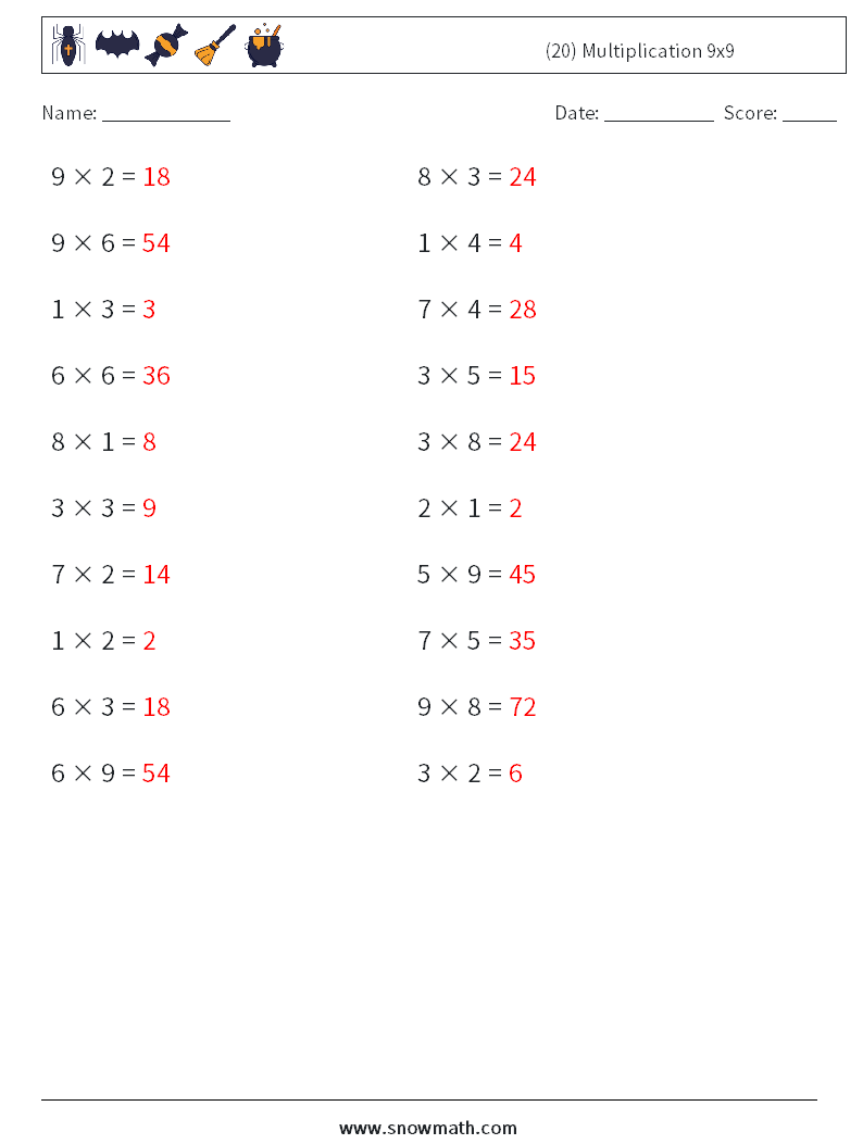 (20) Multiplication 9x9  Maths Worksheets 2 Question, Answer