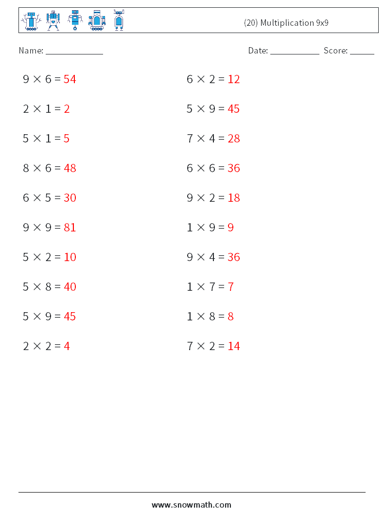 (20) Multiplication 9x9  Maths Worksheets 3 Question, Answer