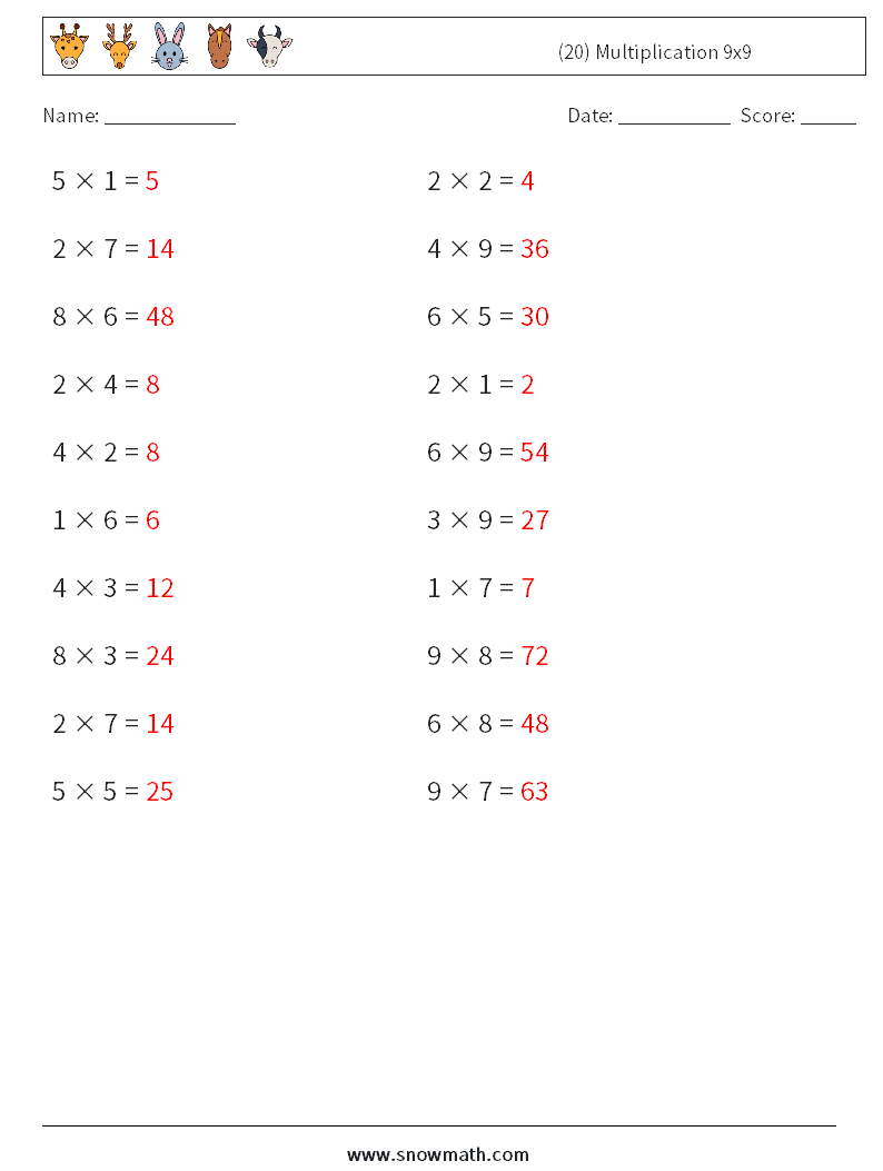 (20) Multiplication 9x9  Maths Worksheets 4 Question, Answer