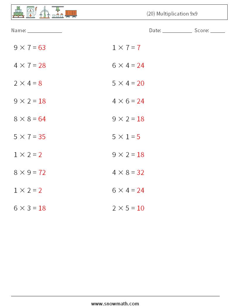 (20) Multiplication 9x9  Maths Worksheets 5 Question, Answer