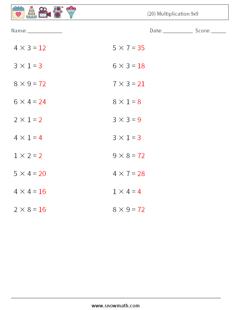 (20) Multiplication 9x9  Maths Worksheets 6 Question, Answer
