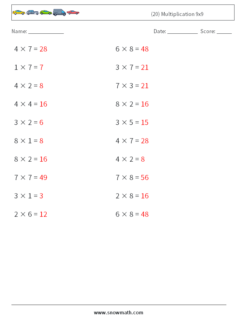 (20) Multiplication 9x9  Maths Worksheets 7 Question, Answer