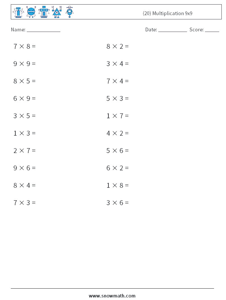 (20) Multiplication 9x9  Maths Worksheets 8