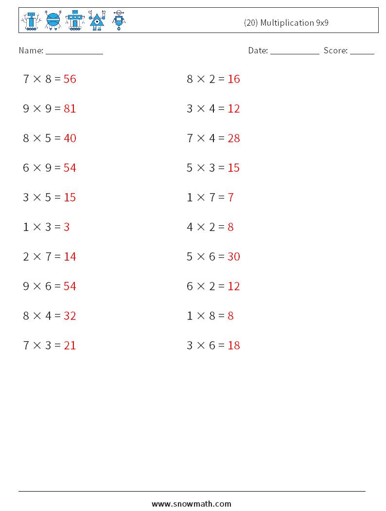 (20) Multiplication 9x9  Maths Worksheets 8 Question, Answer