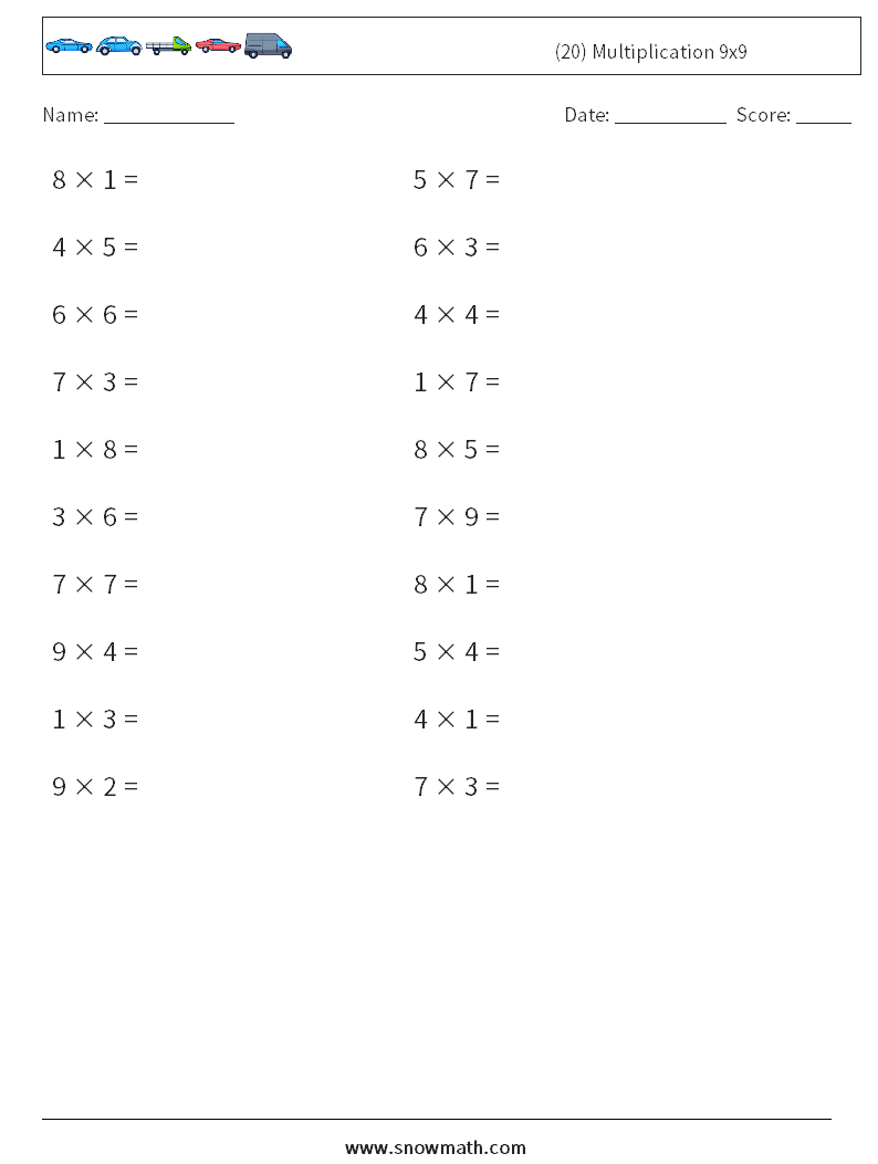 (20) Multiplication 9x9  Maths Worksheets 9