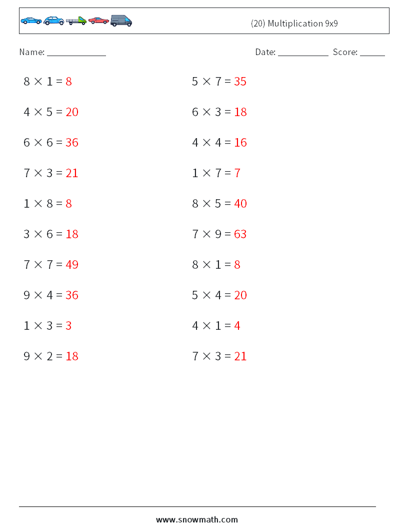 (20) Multiplication 9x9  Maths Worksheets 9 Question, Answer