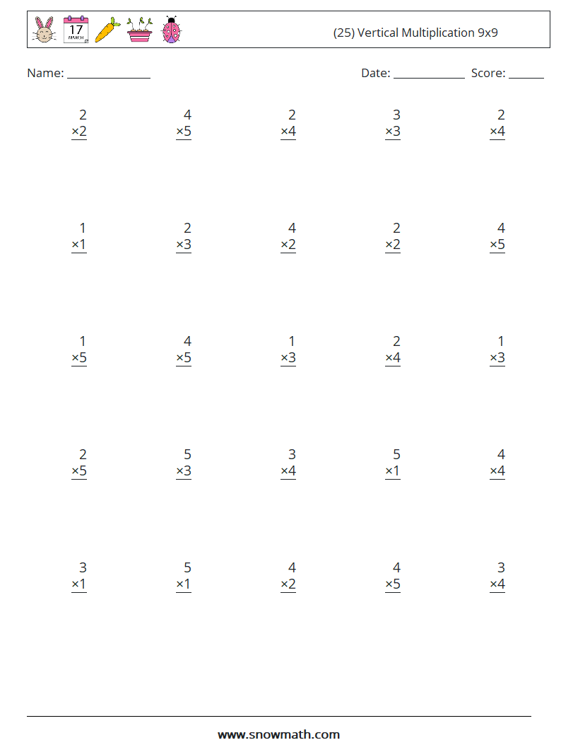 (25) Vertical Multiplication 9x9 Maths Worksheets 5