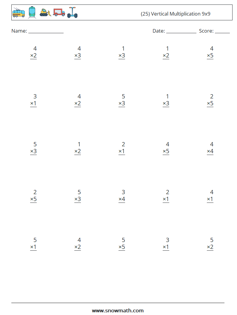 (25) Vertical Multiplication 9x9 Maths Worksheets 6