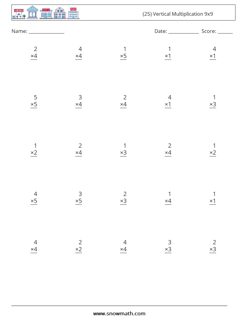 (25) Vertical Multiplication 9x9 Maths Worksheets 7