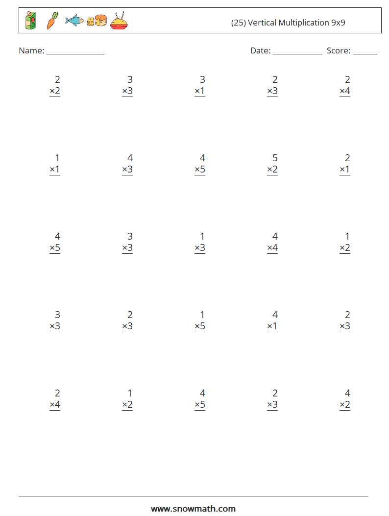 (25) Vertical Multiplication 9x9 Maths Worksheets 9