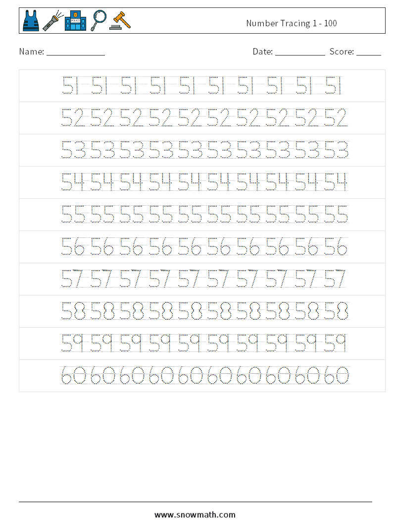 Number Tracing 1 - 100 Maths Worksheets 12