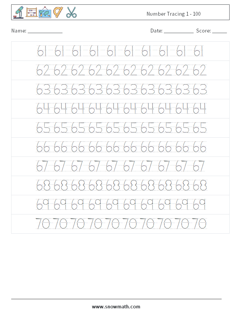 Number Tracing 1 - 100 Maths Worksheets 14