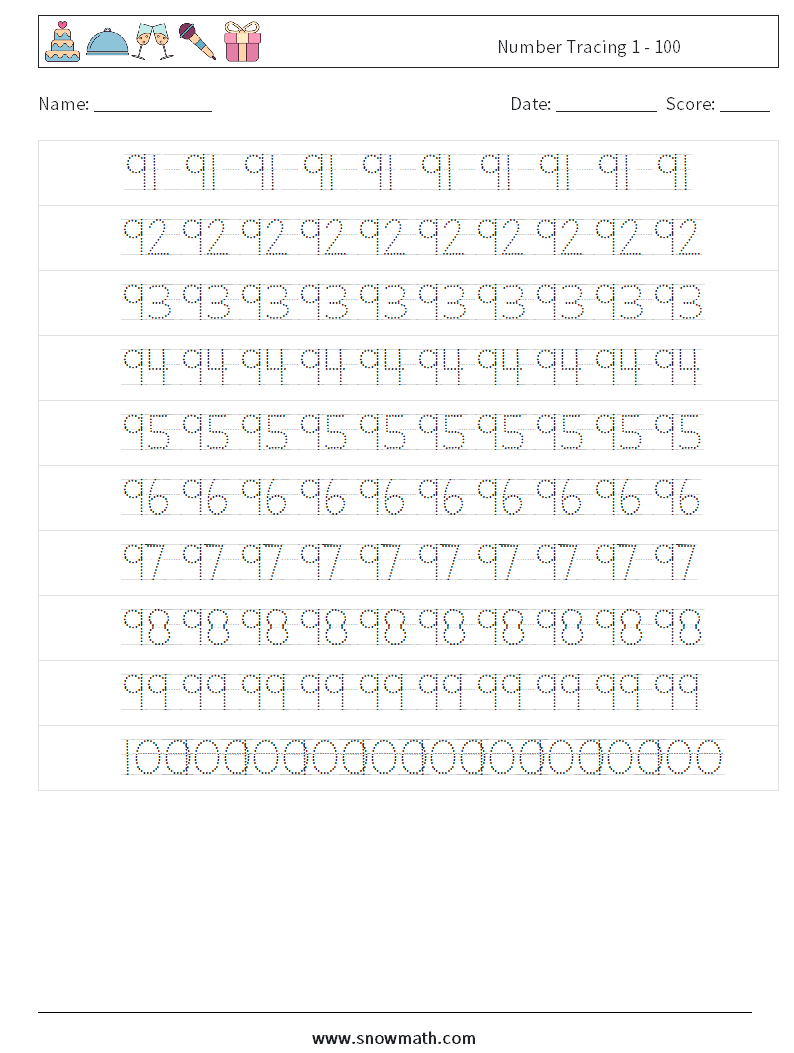 Number Tracing 1 - 100 Maths Worksheets 20