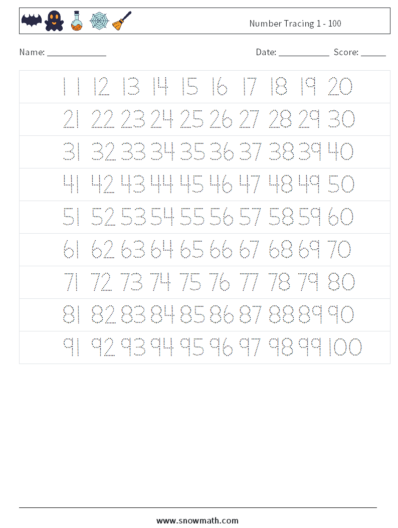 Number Tracing 1 - 100 Maths Worksheets 21