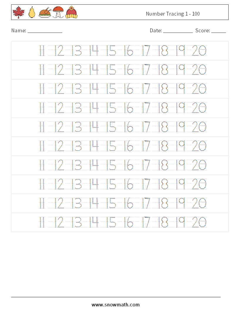 Number Tracing 1 - 100 Maths Worksheets 24