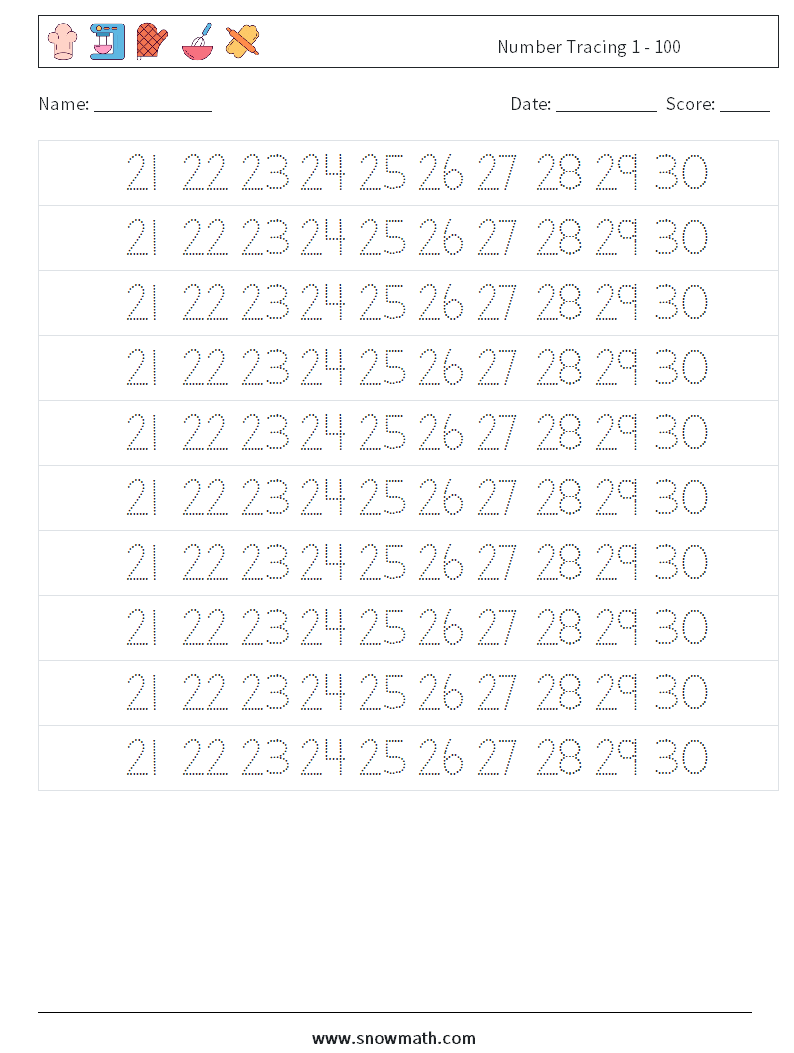 Number Tracing 1 - 100 Maths Worksheets 25