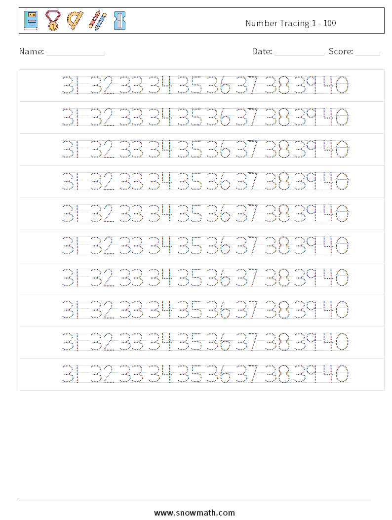 Number Tracing 1 - 100 Maths Worksheets 28