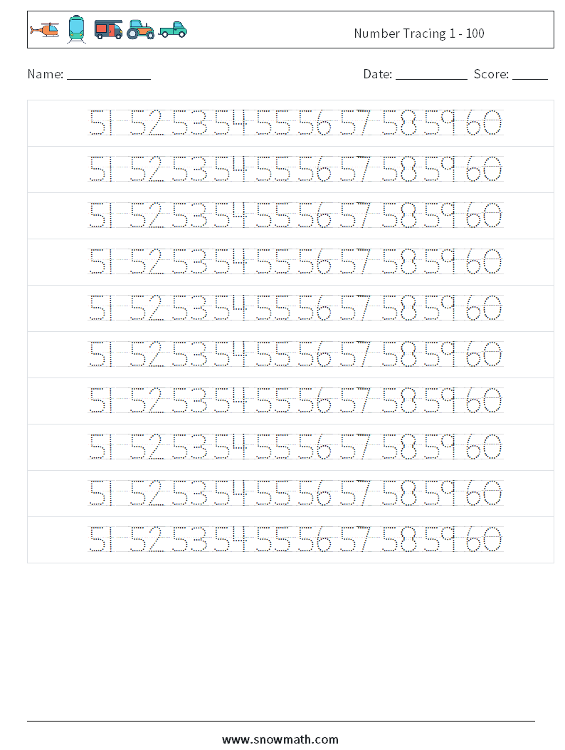 Number Tracing 1 - 100 Maths Worksheets 32