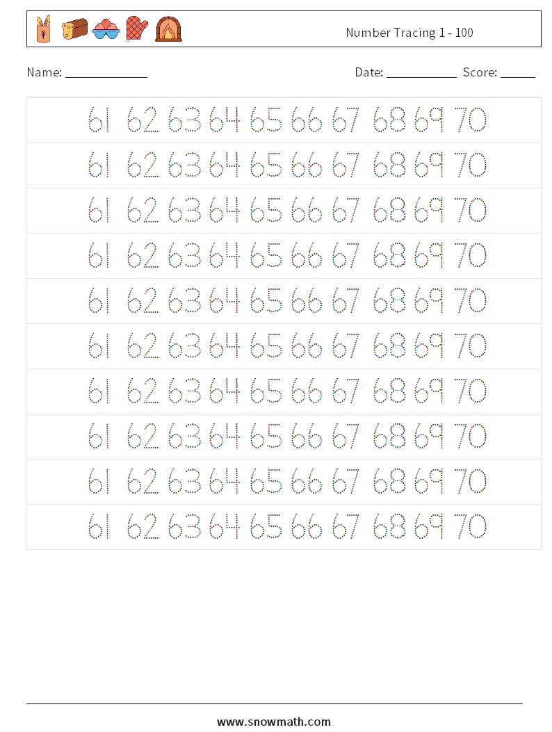 Number Tracing 1 - 100 Maths Worksheets 33