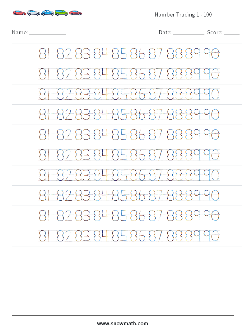 Number Tracing 1 - 100 Maths Worksheets 38